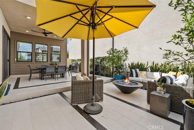 297 Sawbuck, Irvine, CA 92618 - view of patio featuring an outdoor living space with a fire pit, outdoor dining area, and a ceiling fan