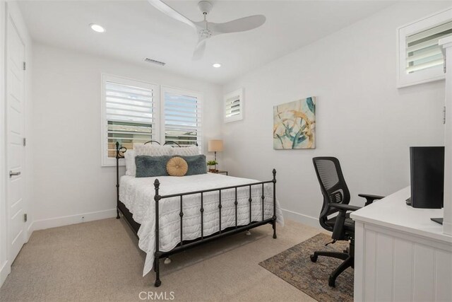 297 Sawbuck, Irvine, CA 92618 - bedroom with light carpet, an office area, baseboards, recessed lighting, and ceiling fan