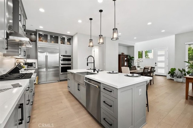 297 Sawbuck, Irvine, CA 92618 - kitchen featuring stainless steel appliances, gray cabinetry, a sink, wall chimney exhaust hood, and light wood-type flooring