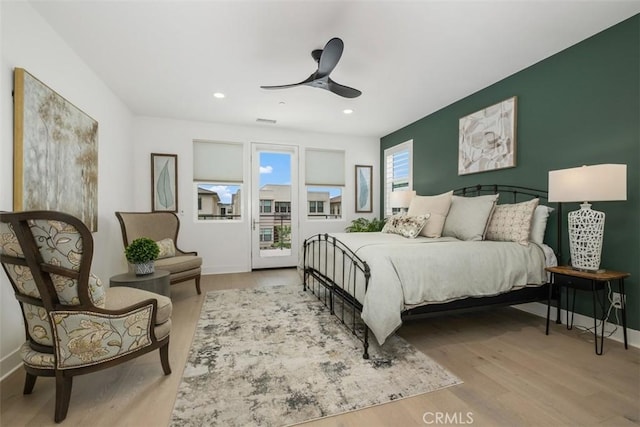 297 Sawbuck, Irvine, CA 92618 - bedroom featuring access to exterior, baseboards, wood finished floors, recessed lighting, and ceiling fan