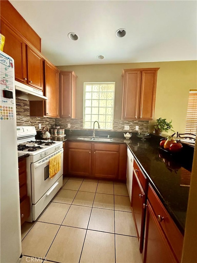 7163 Watcher St, Commerce, CA 90040 - kitchen with white appliances, a sink, under cabinet range hood, backsplash, and recessed lighting