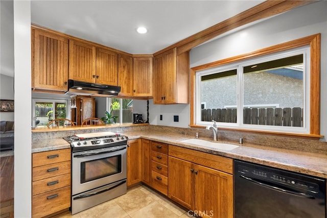 27736 Cherry Creek Dr, Valencia, CA 91354 - kitchen featuring a sink, stainless steel stove, dishwasher, light tile patterned floors, and under cabinet range hood