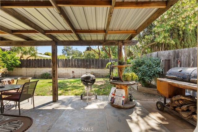 27736 Cherry Creek Dr, Valencia, CA 91354 - view of patio with a fenced backyard, a grill, and outdoor dining space