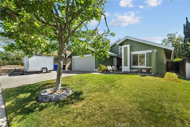 27736 Cherry Creek Dr, Valencia, CA 91354 - view of front facade with board and batten siding, a garage, fence, a front lawn, and concrete driveway