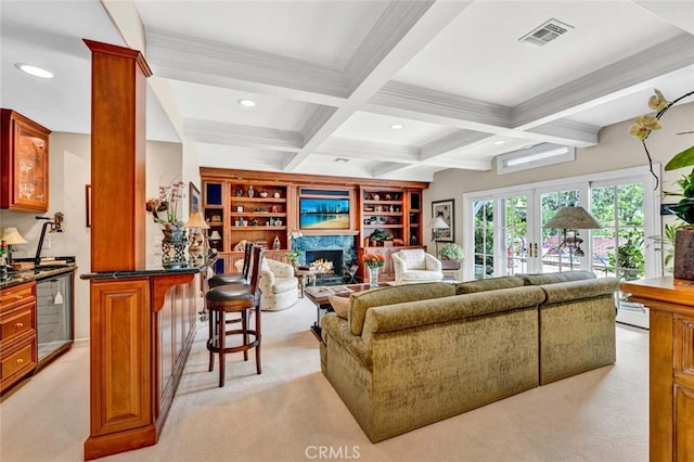 10302 Broadview Pl, North Tustin, CA 92705 - living area with light colored carpet, french doors, recessed lighting, beamed ceiling, and visible vents