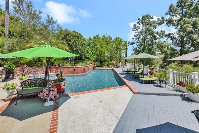 10302 Broadview Pl, North Tustin, CA 92705 - view of pool with fence, a fenced in pool, a wooden deck, and a patio
