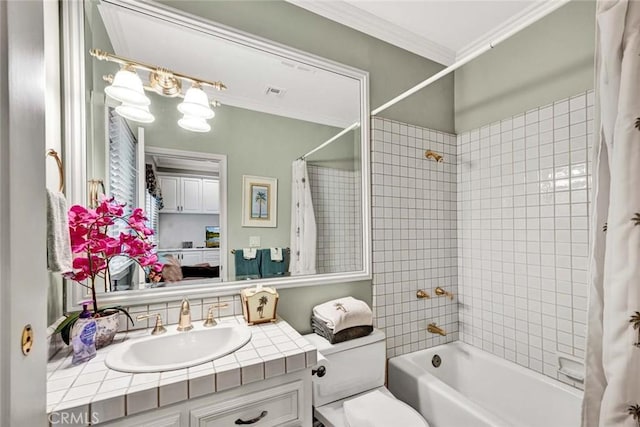 10302 Broadview Pl, North Tustin, CA 92705 - full bathroom featuring visible vents, tasteful backsplash, shower / tub combo, an inviting chandelier, and ornamental molding