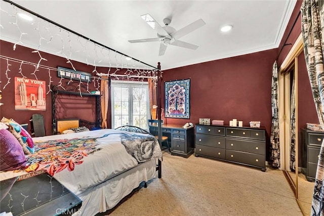 10302 Broadview Pl, North Tustin, CA 92705 - carpeted bedroom featuring crown molding, a ceiling fan, and recessed lighting