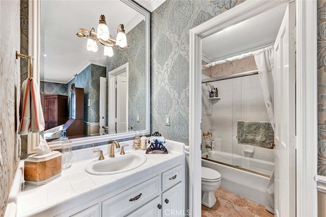 10302 Broadview Pl, North Tustin, CA 92705 - full bathroom with crown molding, shower / bath combination with glass door, vanity, toilet, and wallpapered walls