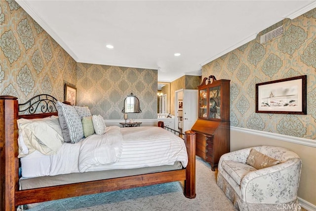 10302 Broadview Pl, North Tustin, CA 92705 - bedroom with visible vents, recessed lighting, ornamental molding, carpet, and wallpapered walls