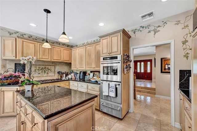 10302 Broadview Pl, North Tustin, CA 92705 - kitchen featuring stainless steel double oven, visible vents, tasteful backsplash, baseboards, and a warming drawer