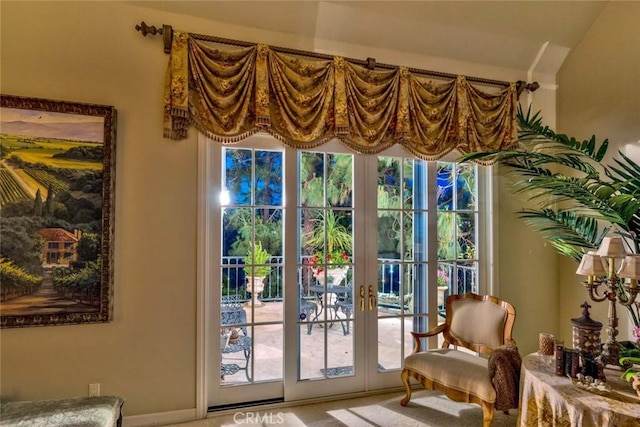 10302 Broadview Pl, North Tustin, CA 92705 - doorway with french doors, carpet flooring, a healthy amount of sunlight, and vaulted ceiling