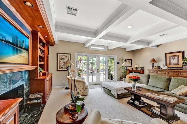 10302 Broadview Pl, North Tustin, CA 92705 - living room with ornamental molding, a fireplace, beam ceiling, and visible vents