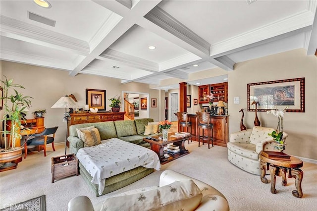 10302 Broadview Pl, North Tustin, CA 92705 - living area featuring visible vents, carpet, coffered ceiling, and beamed ceiling