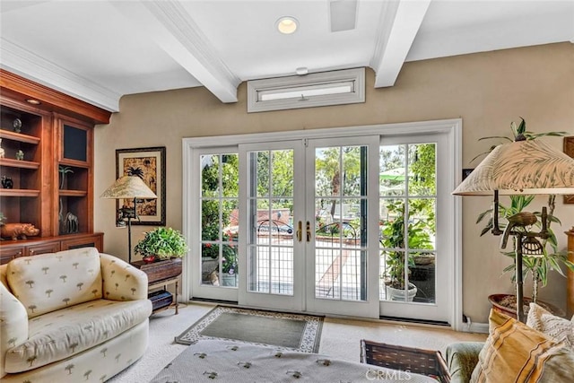 10302 Broadview Pl, North Tustin, CA 92705 - doorway to outside with carpet flooring, beamed ceiling, and french doors