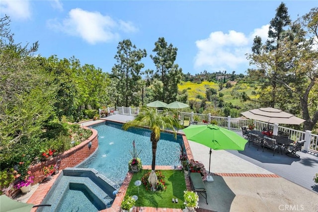 10302 Broadview Pl, North Tustin, CA 92705 - view of swimming pool with a fenced in pool, fence, an in ground hot tub, and a patio area