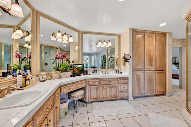 10302 Broadview Pl, North Tustin, CA 92705 - bathroom featuring tile patterned flooring, a sink, a shower with door, and double vanity