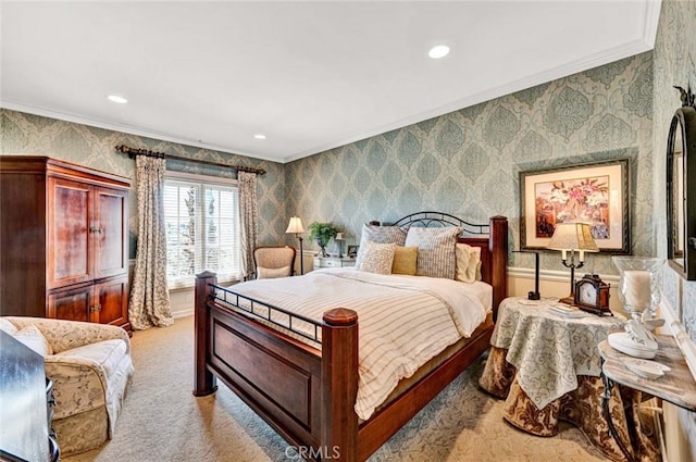10302 Broadview Pl, North Tustin, CA 92705 - bedroom featuring recessed lighting, ornamental molding, light carpet, and wallpapered walls