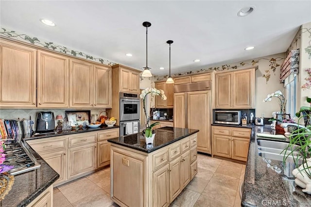 10302 Broadview Pl, North Tustin, CA 92705 - kitchen featuring built in appliances, recessed lighting, decorative light fixtures, and dark stone countertops