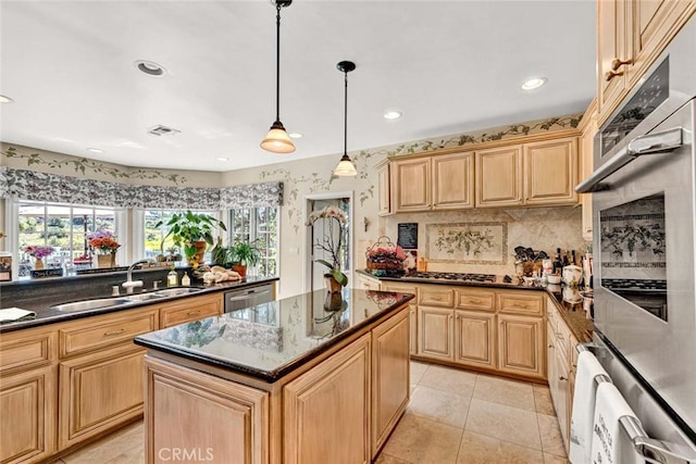 10302 Broadview Pl, North Tustin, CA 92705 - kitchen with light brown cabinetry, stainless steel appliances, recessed lighting, and a sink