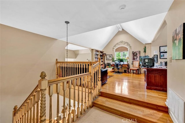 10302 Broadview Pl, North Tustin, CA 92705 - stairs featuring visible vents, wood finished floors, and lofted ceiling