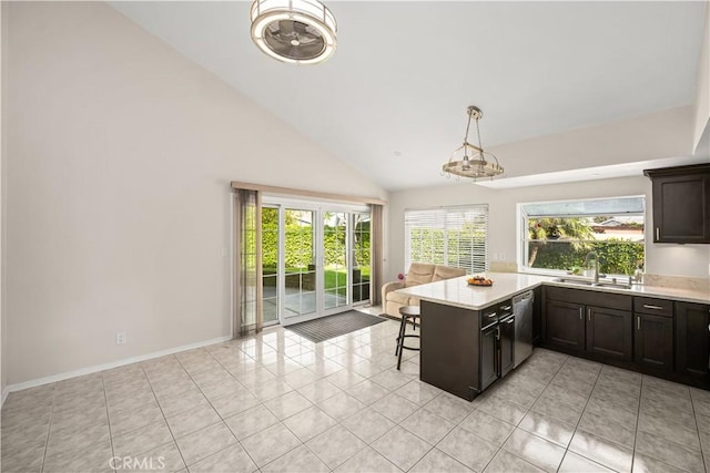 5222 Auburn Cir, Westminster, CA 92683 - kitchen with a sink, high vaulted ceiling, a peninsula, and light tile patterned flooring