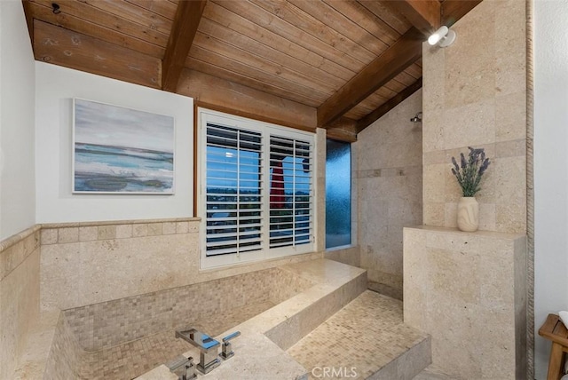 14 Woodsong Dr, Laguna Niguel, CA 92677 - full bath featuring wood ceiling, a tile shower, and tile walls