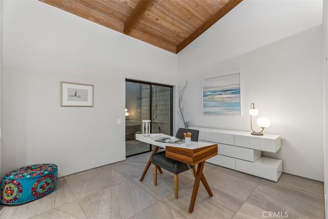 14 Woodsong Dr, Laguna Niguel, CA 92677 - office area with wooden ceiling with exposed beams, light tile patterned floors, and high vaulted ceiling