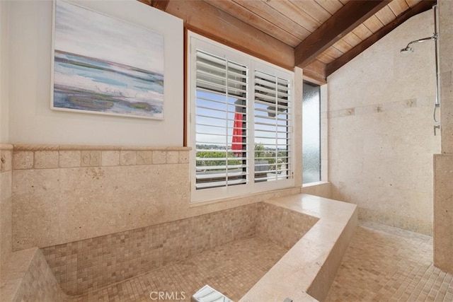 14 Woodsong Dr, Laguna Niguel, CA 92677 - full bath with wooden ceiling, tiled shower, and tile walls