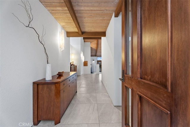 14 Woodsong Dr, Laguna Niguel, CA 92677 - corridor with wood ceiling with exposed beams