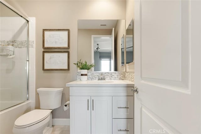 101 Via Artemesia, San Clemente, CA 92672 - bathroom with vanity, backsplash, shower / bath combination with glass door, and tile patterned flooring