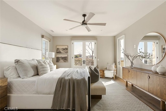 101 Via Artemesia, San Clemente, CA 92672 - bedroom featuring dark wood-type flooring, multiple windows, ceiling fan, and access to outside