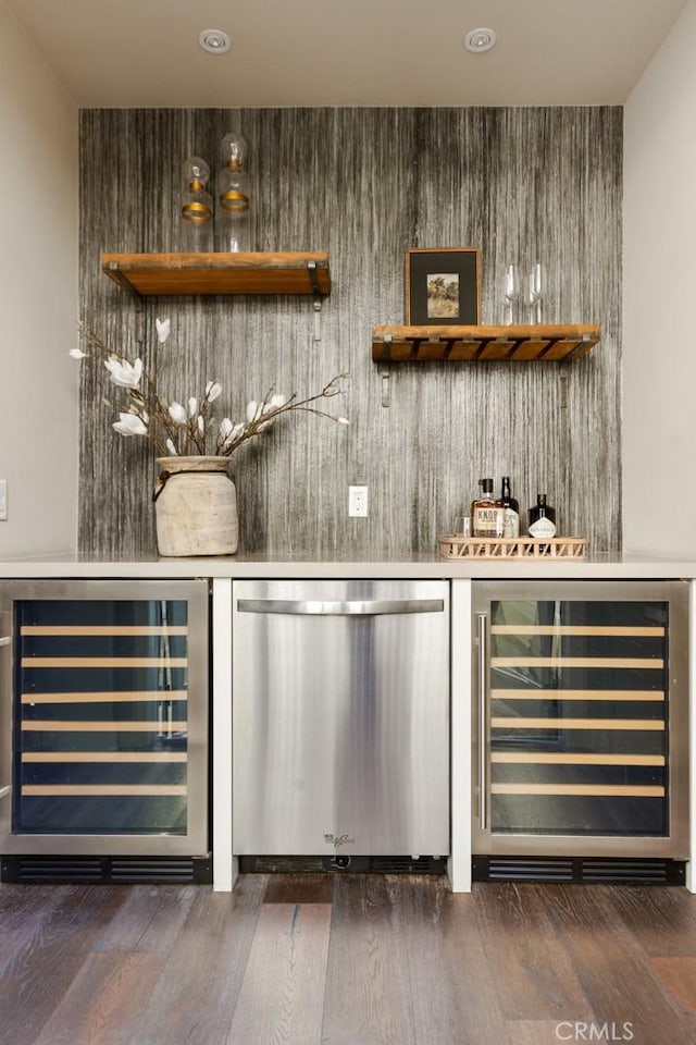 101 Via Artemesia, San Clemente, CA 92672 - indoor dry bar featuring dishwasher, beverage cooler, wood finished floors, and recessed lighting
