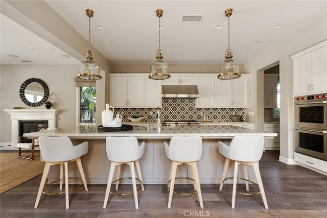 101 Via Artemesia, San Clemente, CA 92672 - kitchen featuring double oven, decorative backsplash, under cabinet range hood, white cabinetry, and light countertops