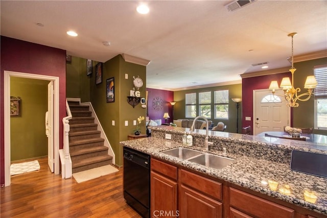 28365 Socorro St Unit 45, Murrieta, CA 92563 - kitchen featuring a sink, black dishwasher, ornamental molding, dark wood-style flooring, and light stone counters