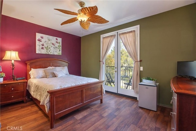 28365 Socorro St Unit 45, Murrieta, CA 92563 - bedroom with access to exterior, dark wood finished floors, refrigerator, a ceiling fan, and baseboards