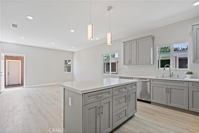 kitchen with gray cabinetry, a sink, visible vents, and dishwasher