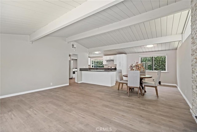 dining area featuring baseboards, lofted ceiling with beams, plenty of natural light, and light wood-style flooring