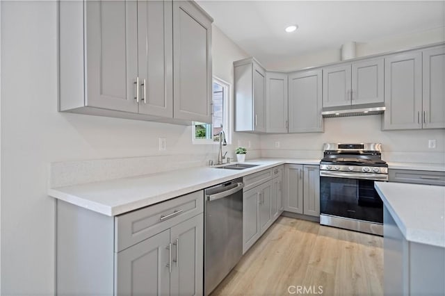 kitchen featuring appliances with stainless steel finishes, gray cabinetry, a sink, under cabinet range hood, and light wood-style flooring