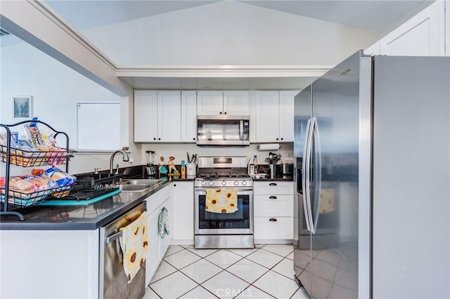 kitchen featuring a sink, appliances with stainless steel finishes, dark countertops, and white cabinetry