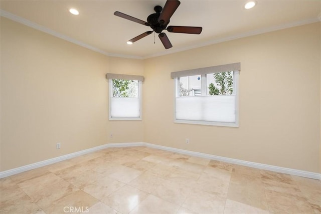 spare room featuring ornamental molding, light tile patterned flooring, recessed lighting, and ceiling fan