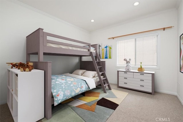 carpeted bedroom featuring crown molding and recessed lighting