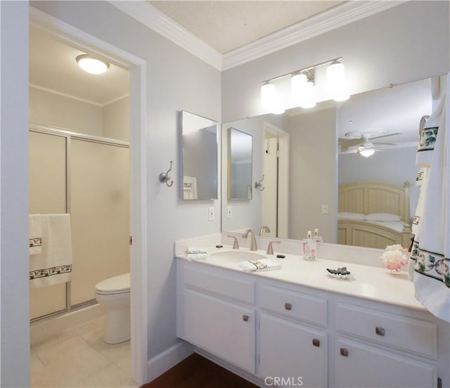 1503 Westmont Dr, San Pedro, CA 90732 - bathroom with ornamental molding, a shower stall, toilet, ceiling fan, and vanity