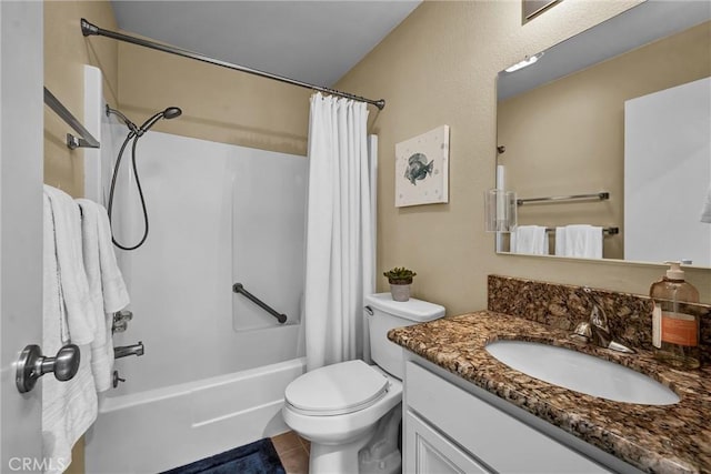 bathroom with vanity, shower / bathtub combination with curtain, tile patterned floors, and toilet