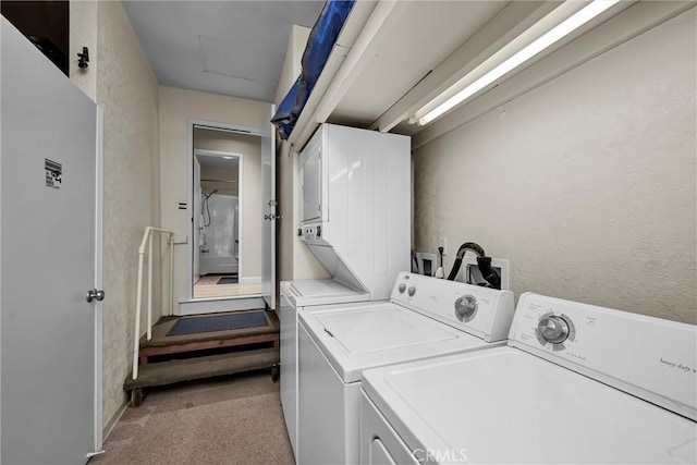 washroom featuring light carpet, laundry area, and washer and dryer