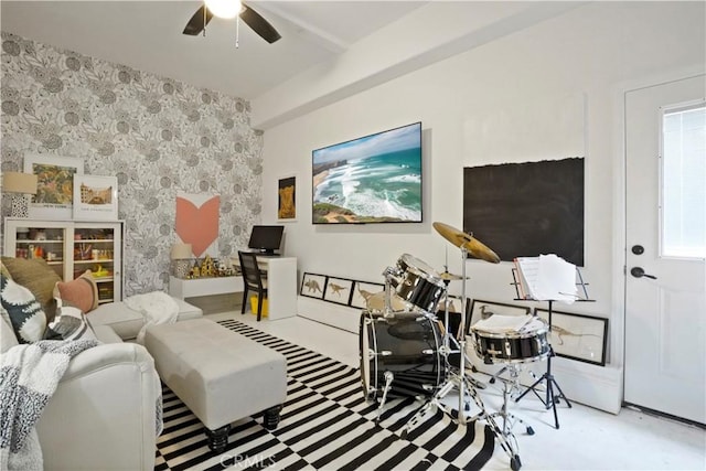 living room with a ceiling fan