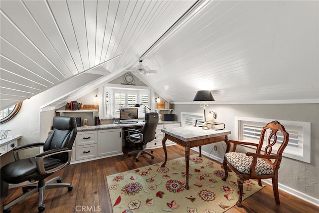 office space with vaulted ceiling, dark wood-style flooring, baseboards, and wooden ceiling