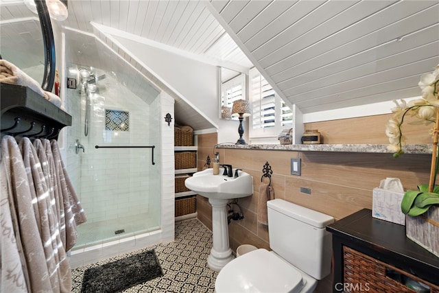 full bath featuring toilet, wood ceiling, a stall shower, tile patterned flooring, and lofted ceiling