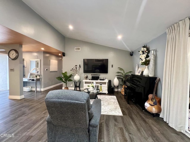 16041 Jersey St, Granada Hills, CA 91344 - living area with dark wood-type flooring, recessed lighting, baseboards, and vaulted ceiling
