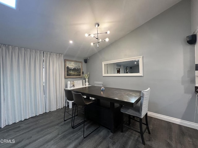 16041 Jersey St, Granada Hills, CA 91344 - dining area featuring baseboards, lofted ceiling, wood finished floors, and a notable chandelier